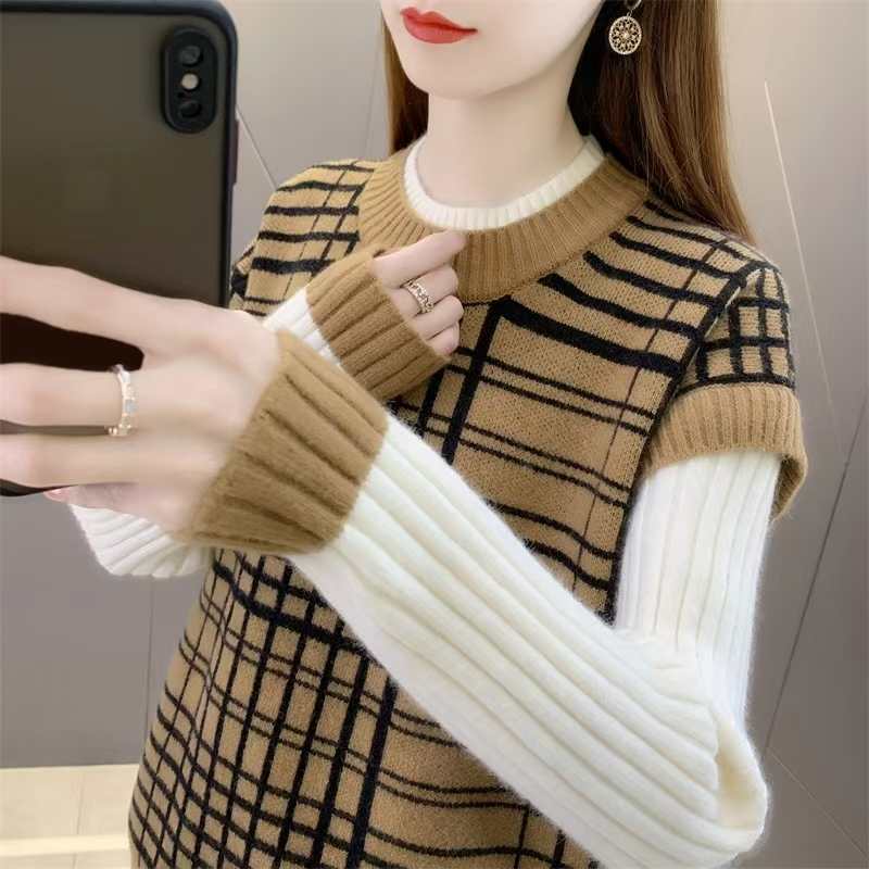 3237衣长58法式假两件针织衫秋冬款温柔拼接撞色衬衫条纹毛衣上衣