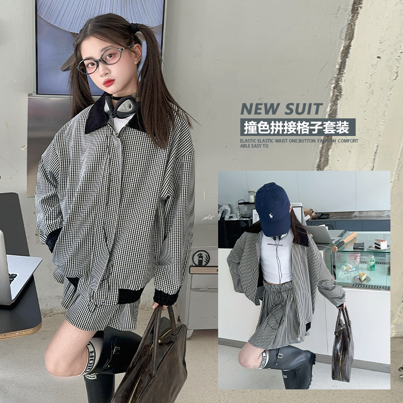 【酷哒仔】女童极简风千鸟格套装2025春秋中大童韩版时髦两件套装潮