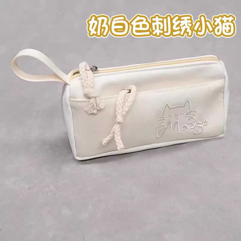 奶白色刺绣小猫大容量笔袋简约ins风高颜值铅笔盒