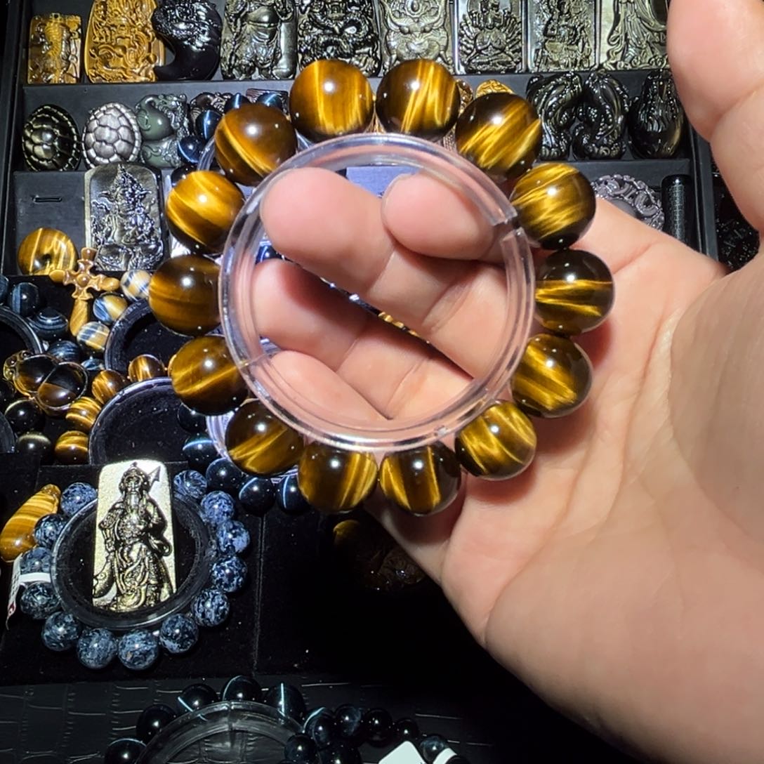 未镶嵌黑曜岩手链蚂***?天然黄虎眼高货16mm