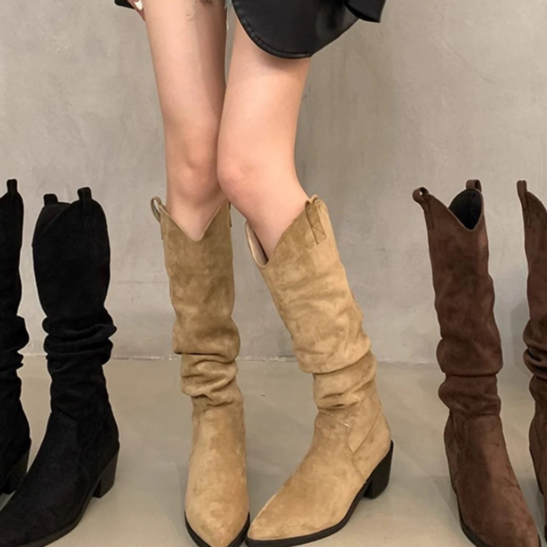 法式尖头长筒靴女秋冬羊猄皮带扣骑士靴