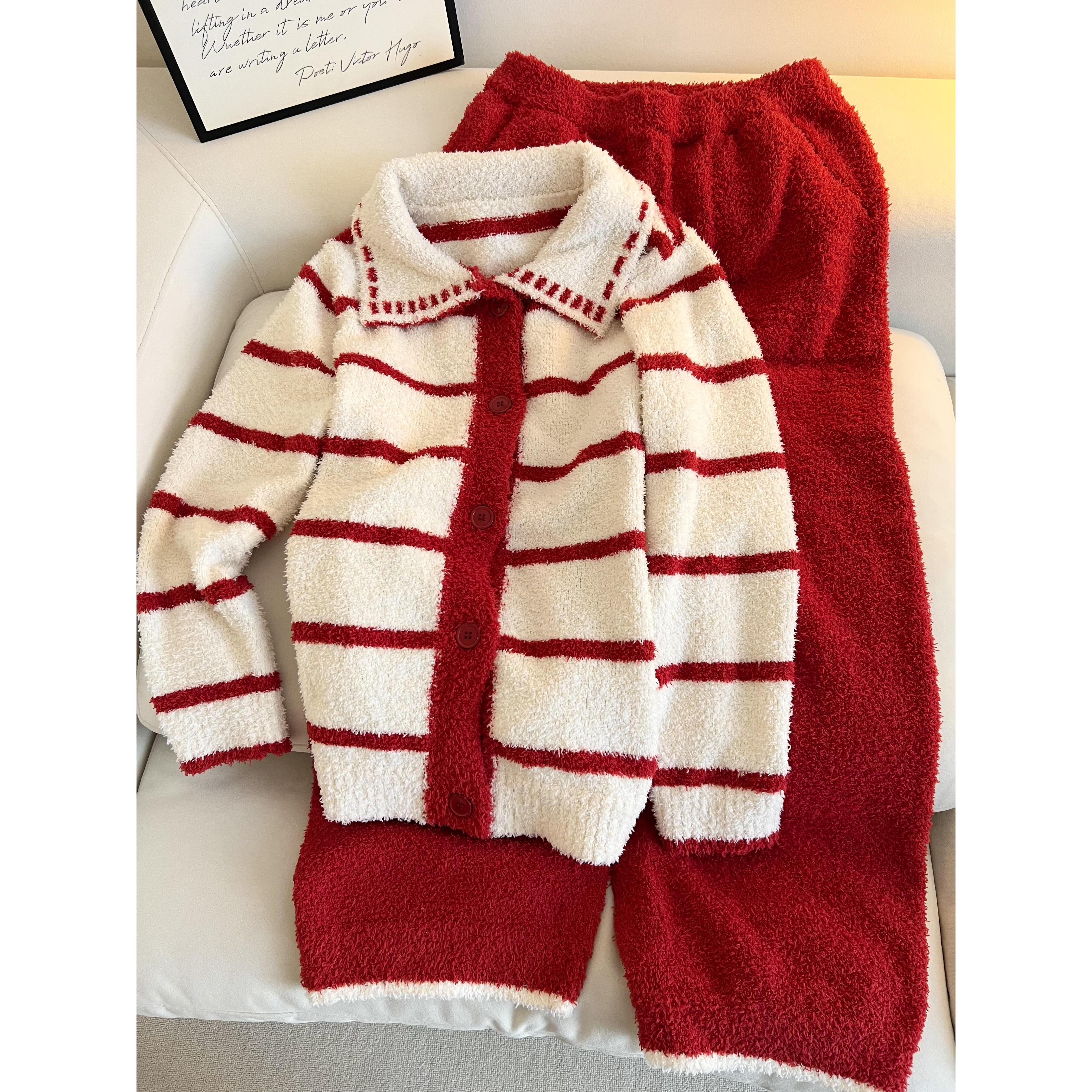 可爱撞色圣诞红条纹毛衣半边绒睡衣女秋冬新款加厚保暖家居服套装