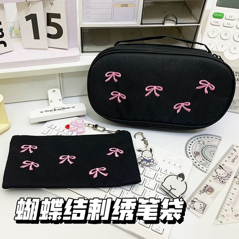 纯色耐脏刺绣帆布笔袋大容量女生文具盒简约铅笔盒初中生铅笔袋