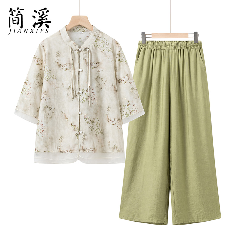 简溪母亲节妈妈夏装套装女中老年人两件套老太太衬衫裤子老人衣服
