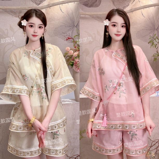 【蜜桃甜茶】夏季2025新款新中式国风套装宽松绣花上衣+短裤两件套