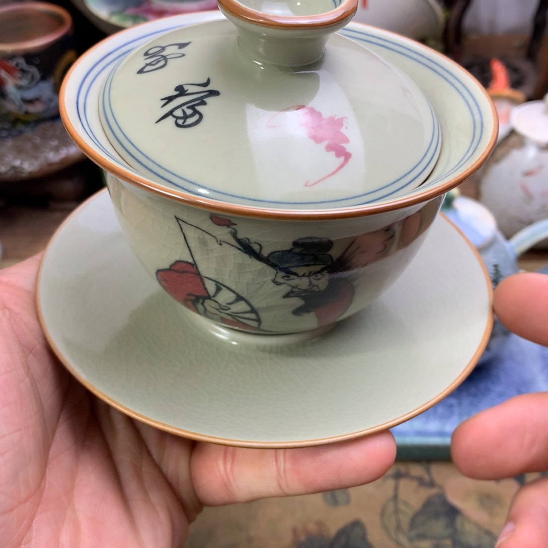 手绘钟馗盖碗老陶泥