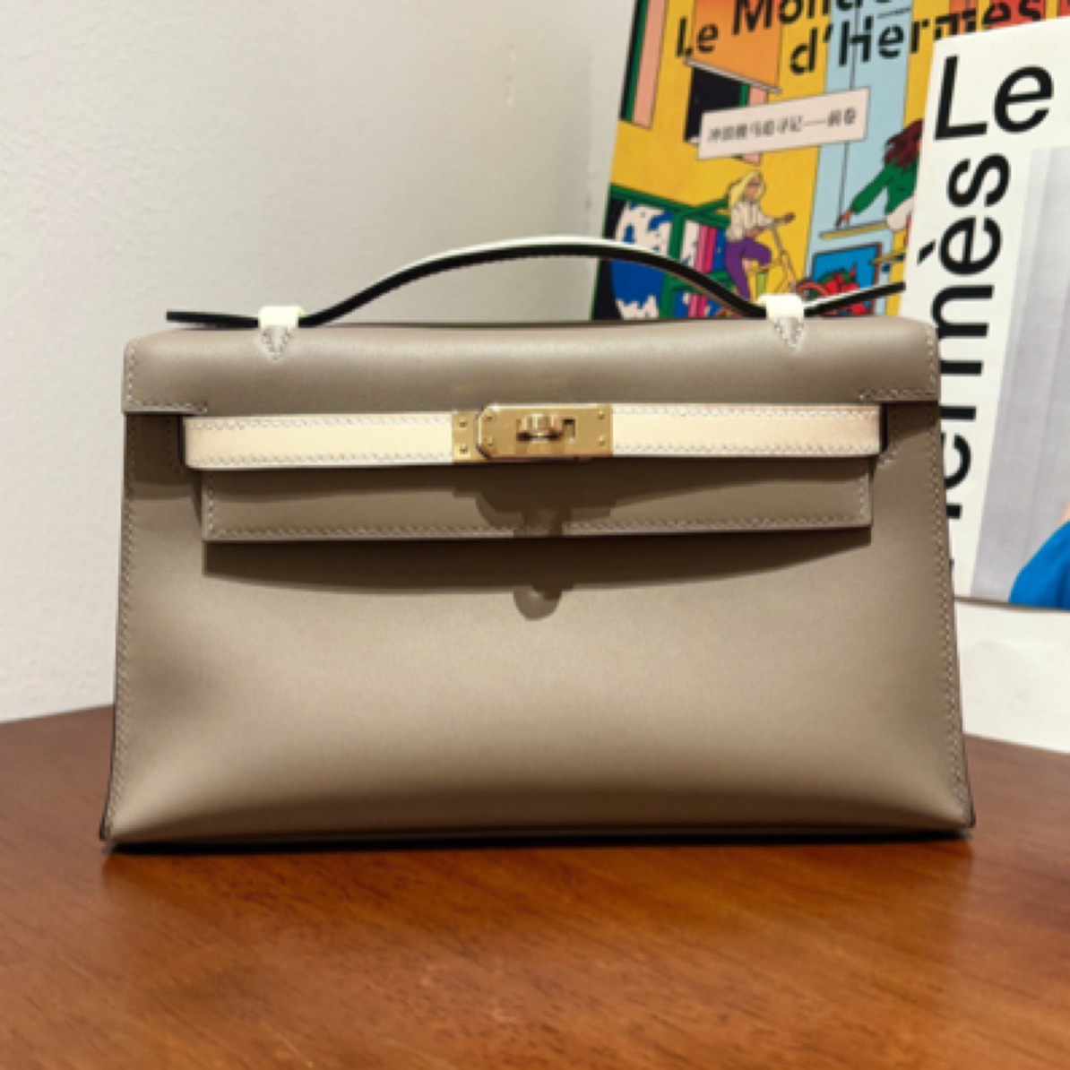 全新未使用 Hermes/爱马仕 银河灰拼奶油白金扣mini kelly一代