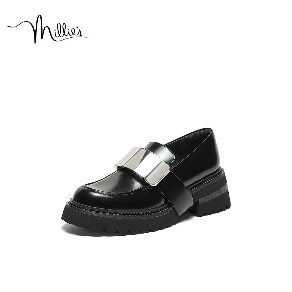 millie's妙丽时尚简约圆头金属光面厚底女乐福鞋皮鞋LPB46CA4