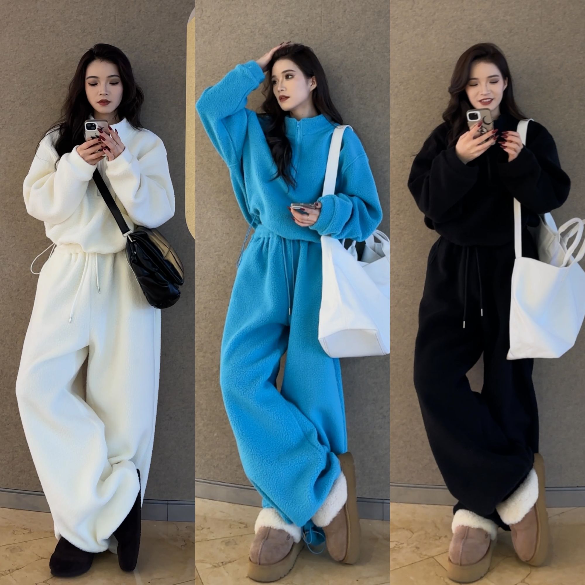 （清清款）12355套装女冬季新款摇粒绒卫衣套装双面绒运动休闲套装