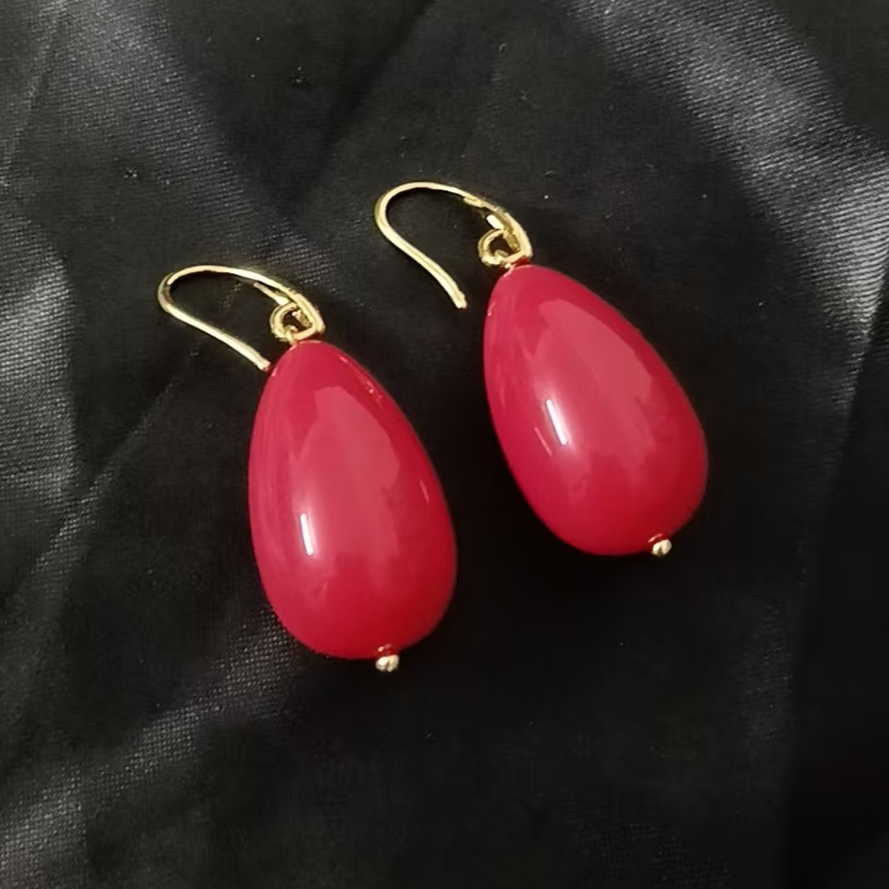 铜合金耳饰 红色珠耳环女欧美轻奢气质复古冷淡风简约耳坠百搭
