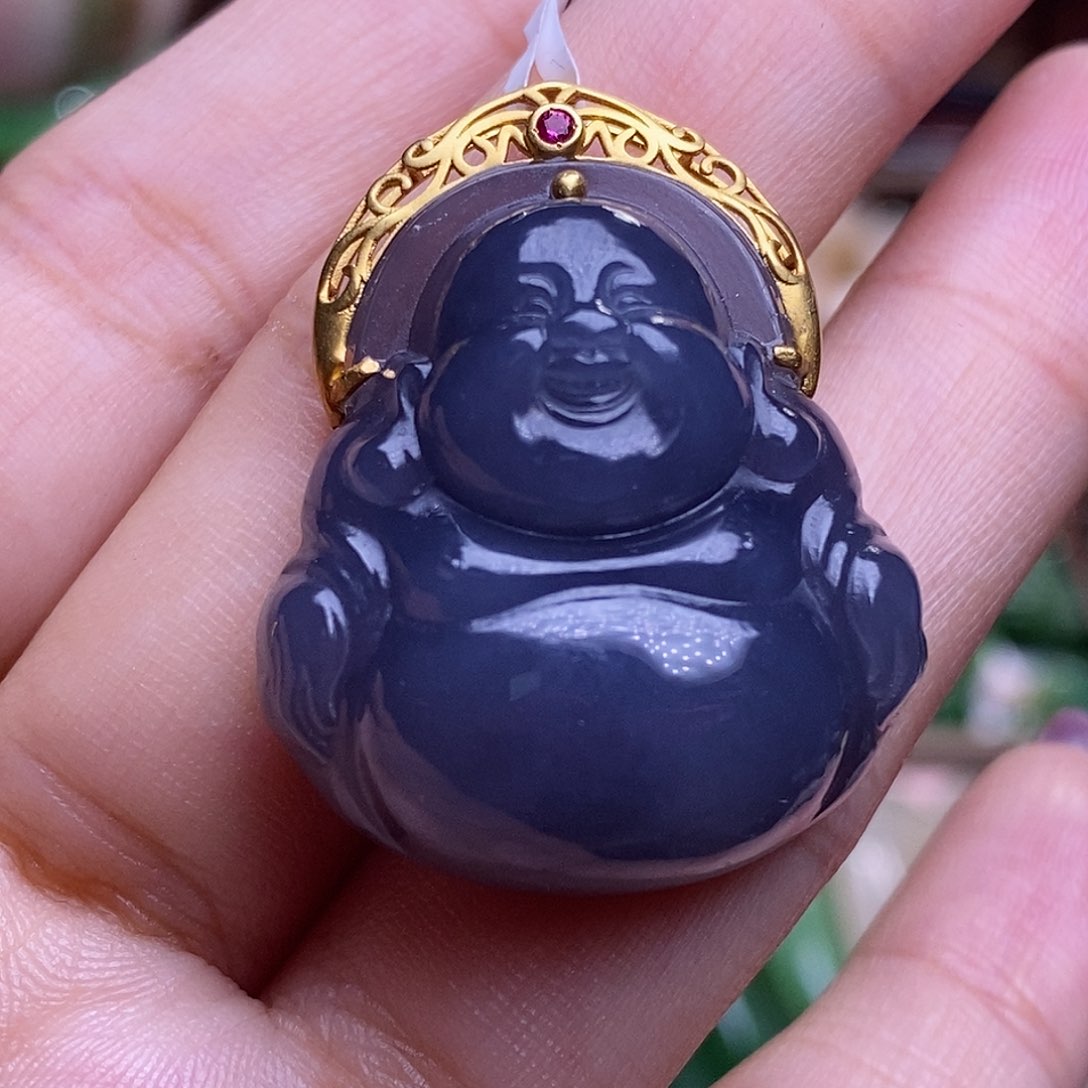 和田玉毕业级老矿料浓烟紫金镶佛公未镶嵌萱*