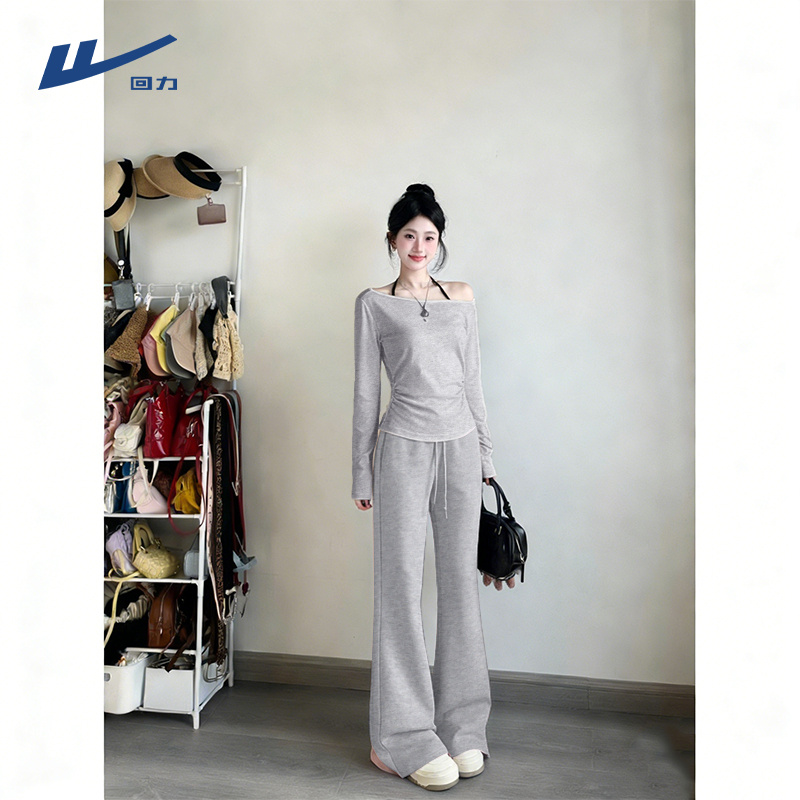 【回力】运动套装女春秋季新款2026一字肩收腰上衣微喇阔腿裤两件套
