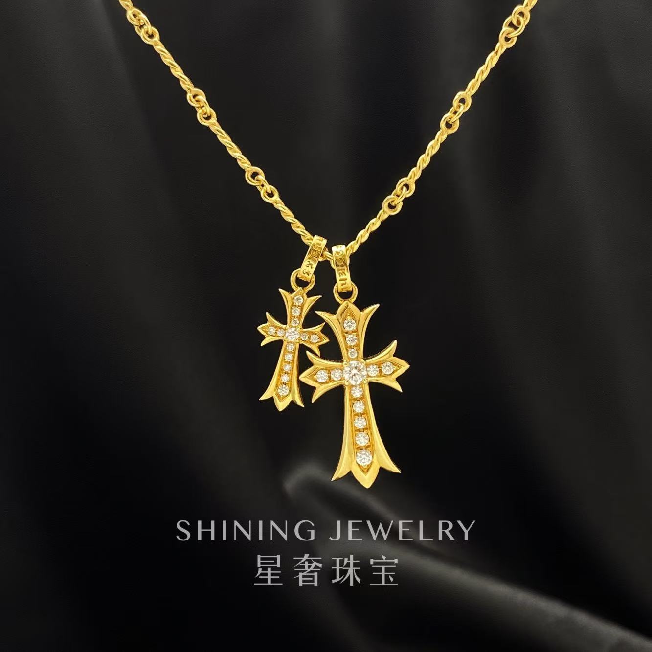 【星奢珠宝】18k金十字架钻石项链天然真钻百搭复古金色【少量库存】