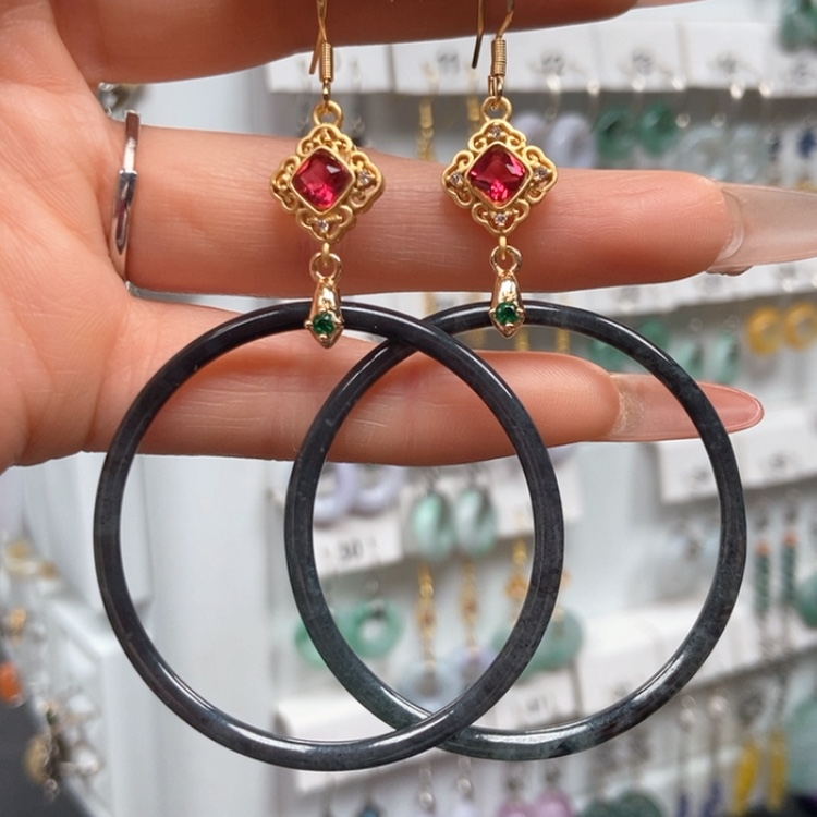 【闪购商品】翡翠耳饰银S925镀金镶嵌