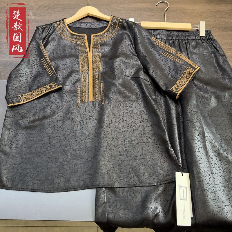 【朝暮】2025夏季新款气质新宽松中式上衣+长裤立领国风两件套