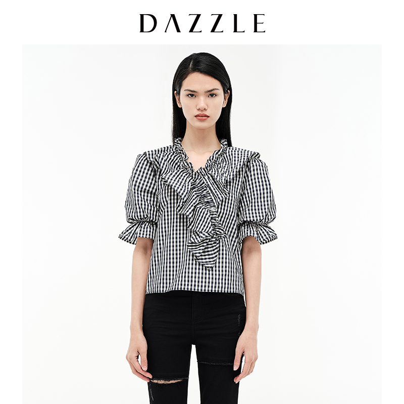 【品牌奥莱】DAZZLE地素 泡泡袖荷叶边格纹衬衫上衣女2D3D3193S