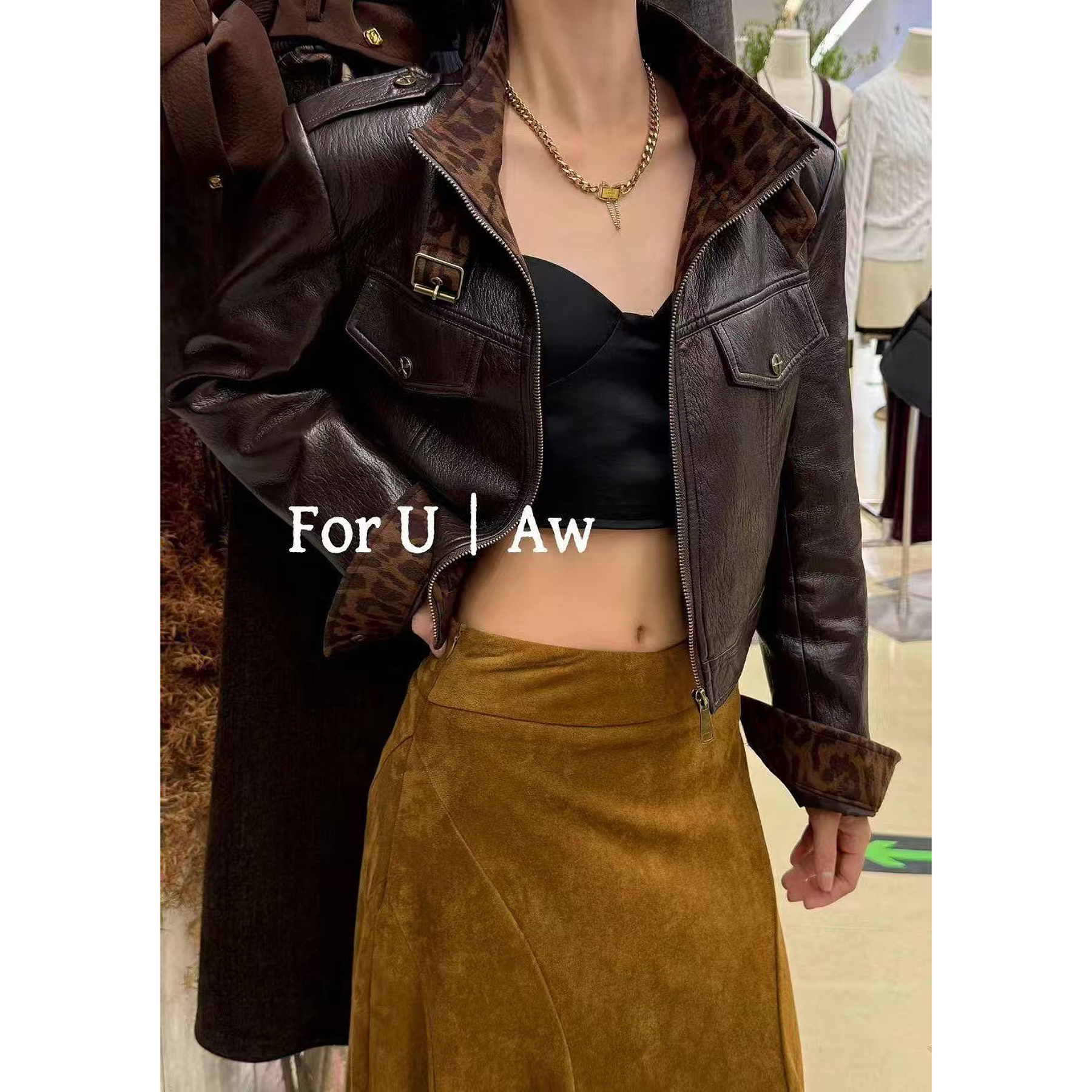 2025新款气质欧货豹纹领高级大气百搭机车短款皮衣外套