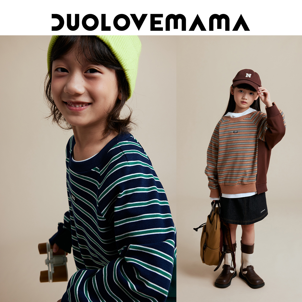 DUOLOVEMAMA 条纹拼接圆领儿童卫衣男女童时髦亲肤休闲上衣秋