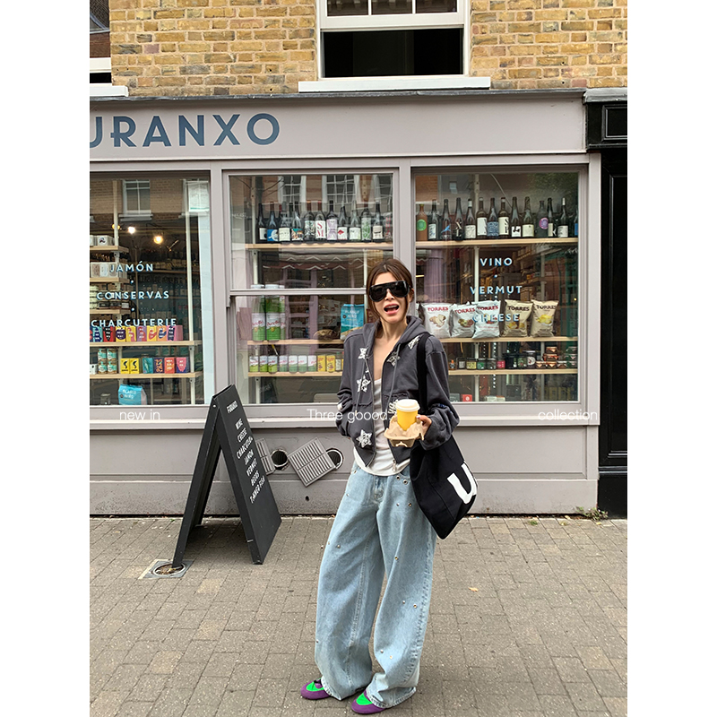 THREE GOOOD/三吉铆钉气眼解构设计两穿显瘦阔腿牛仔裤Y725Z09604