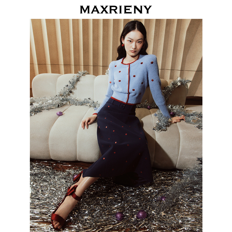 【毛毛专属】MAXRIENY苹果刺绣针织衫修身优雅红蓝撞色毛衫
