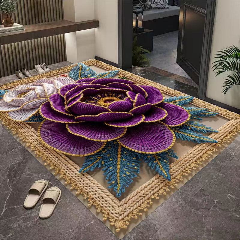 水晶绒紫牡丹入户门垫家用吸水脚垫卫生间防滑地垫门厅中式垫子