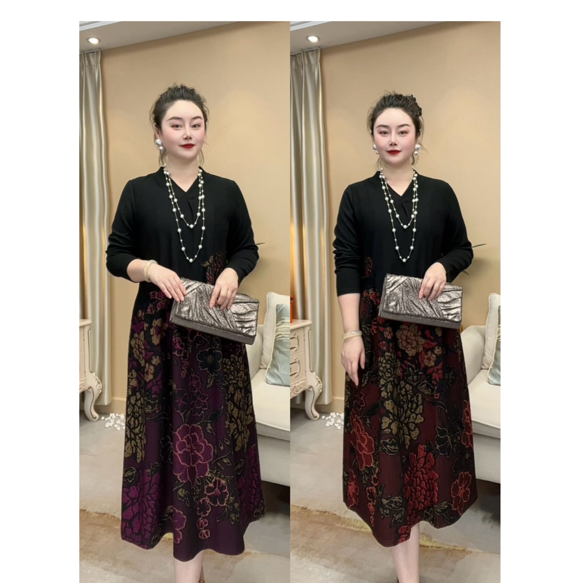 【萱画高定系列】秋季新款精致妈妈V领百搭洋气时尚显瘦宽松连衣裙