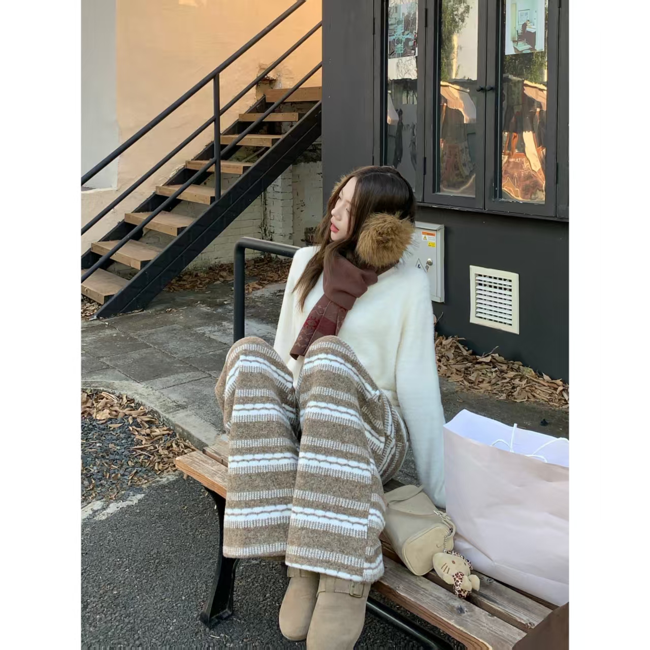 H1756【空谷山峦】秋冬新款高级慵懒感加厚直筒宽松条纹休闲裤女