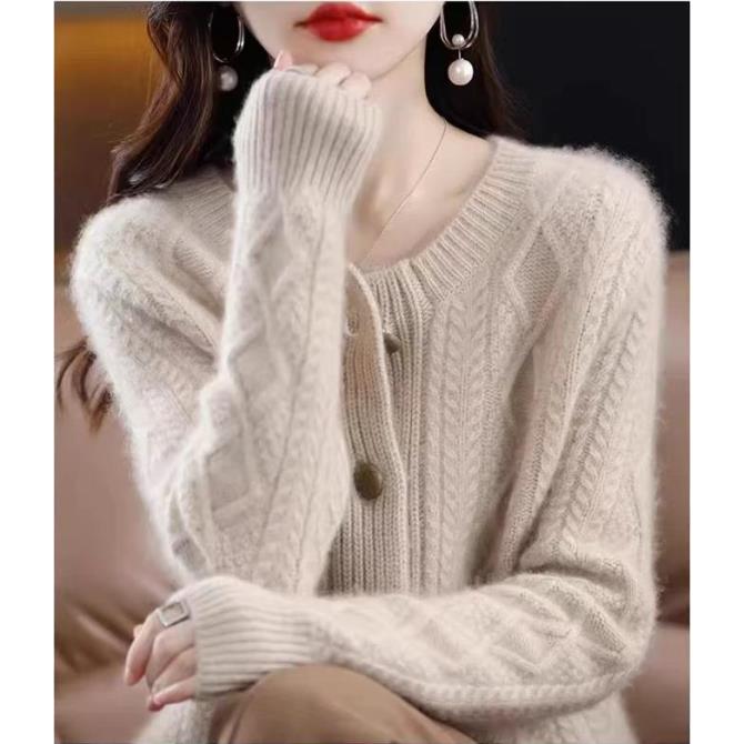 【重磅加厚】100%纯羊绒圆领针织加厚阿兰花绞花开衫女宽松外套