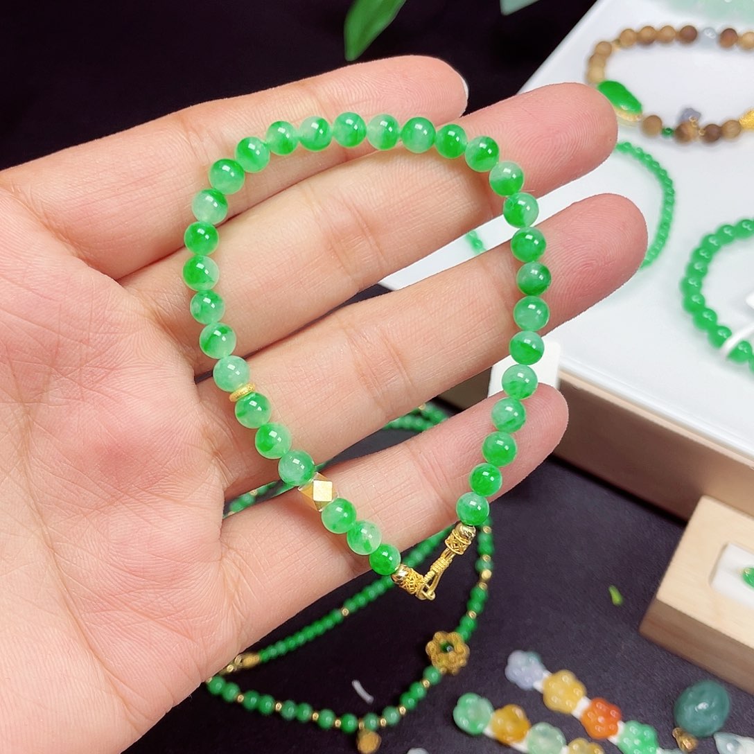 翡翠18K金镶嵌手链天然缅甸翡翠A货卡