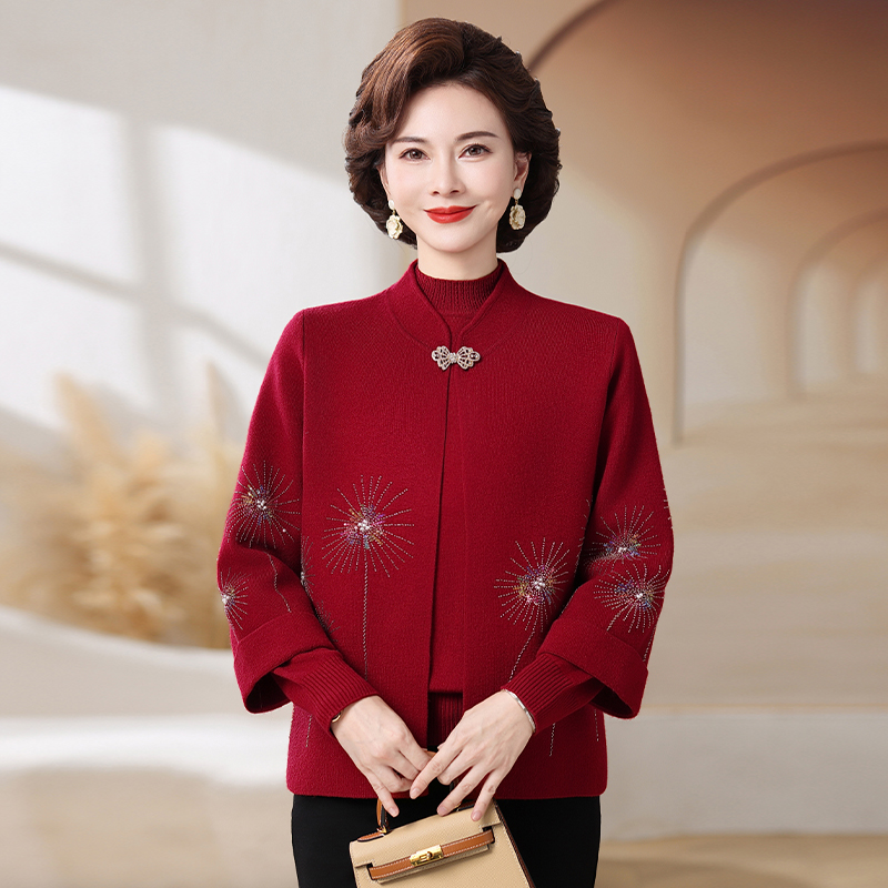 民族风碎花半高领开衫中老年女装大码针织衫欧若智性风外套两件套