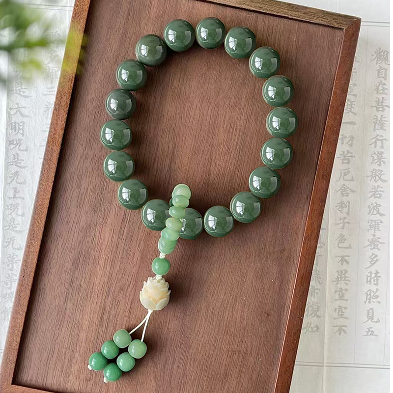 原生态天然阴皮料绿色大青提大绿单圈手串手持菩提根圆珠大尺寸