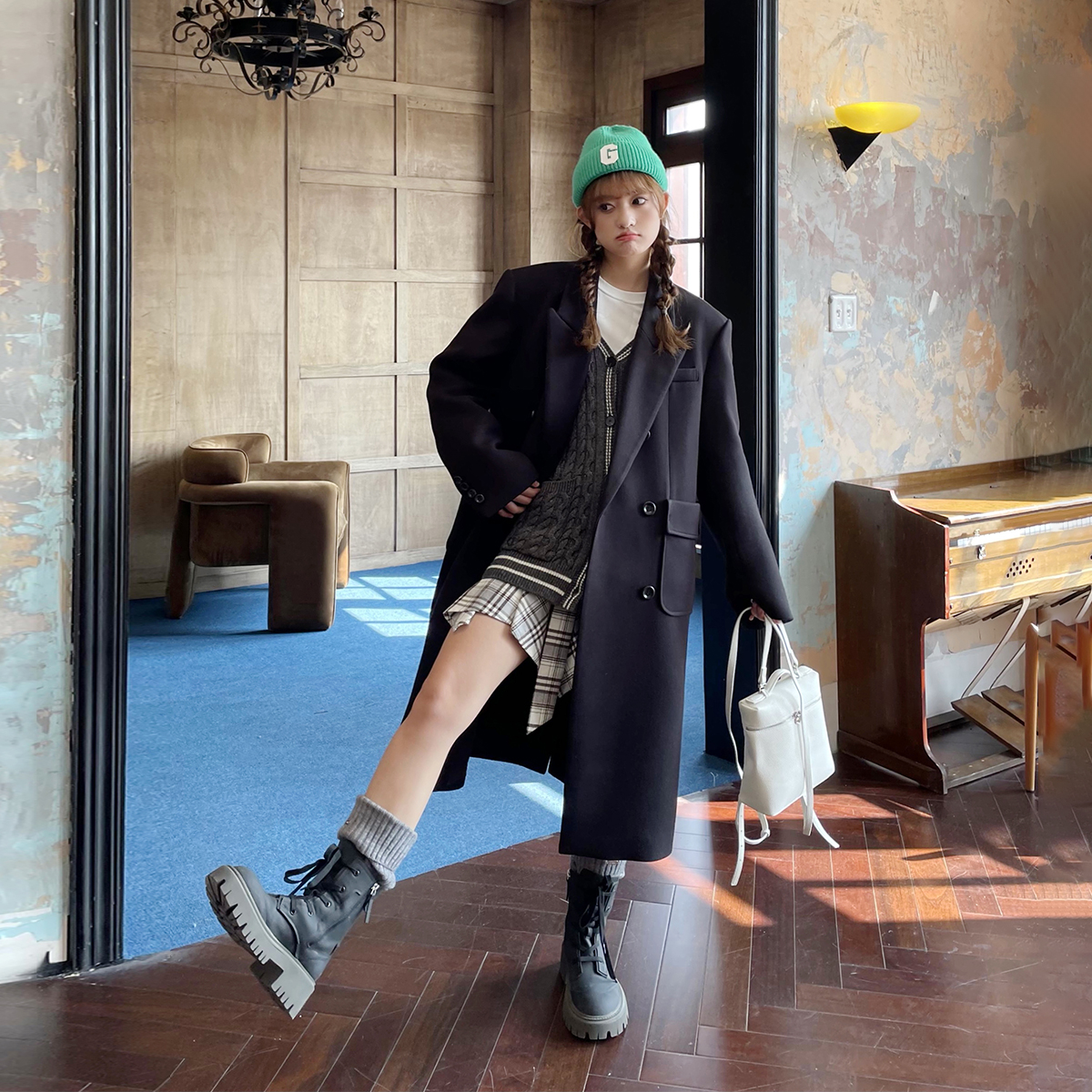 晶咕白标~超模气场~双排扣大衣+毛呢短裤高个子套装黑色双面日常