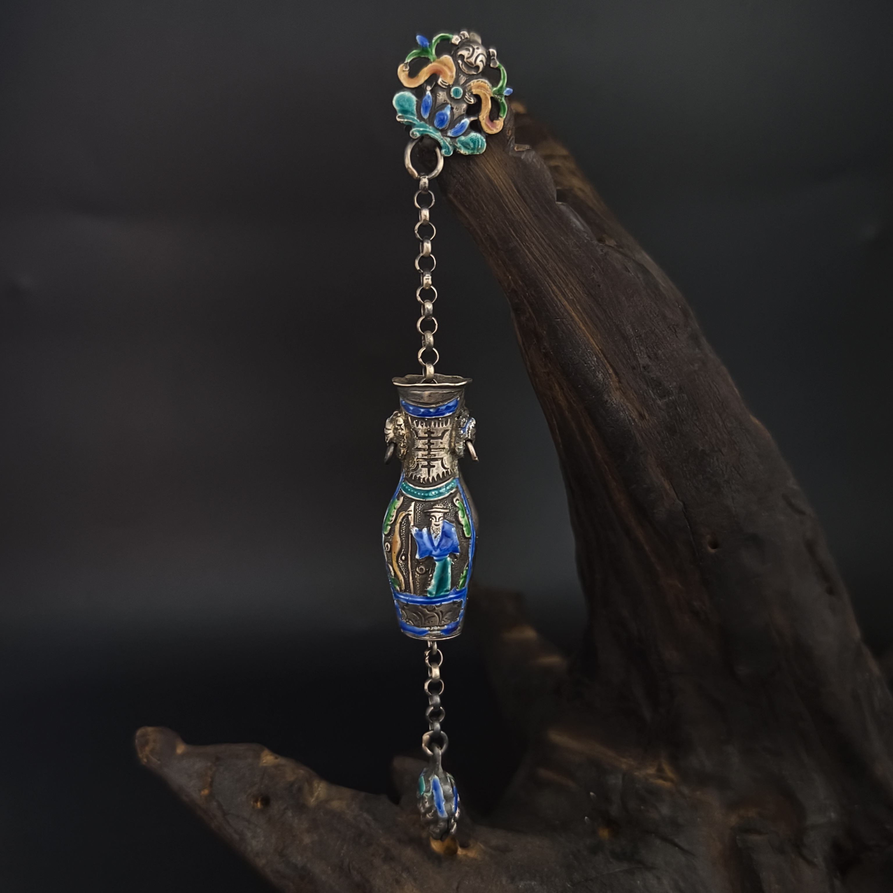 吊坠925银 新足银錾刻高浮雕珐琅彩项链针筒香囊压襟吊坠宫廷传世