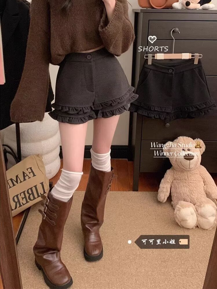 2025新秋冬季裙子a字毛呢短裤女新款高腰百搭显瘦设计感半身裙子