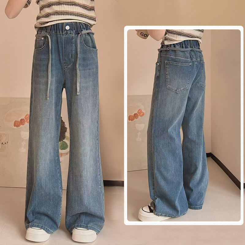 青少年女2025中大童装牛仔裤初中生百搭长裤秋新款宽松高腰阔腿裤