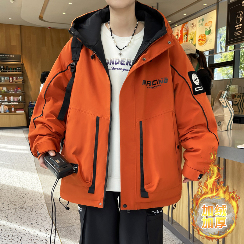 男连帽免烫嵌花精致韩风加绒加厚夹克型秋冬休闲帅气学生外套潮流