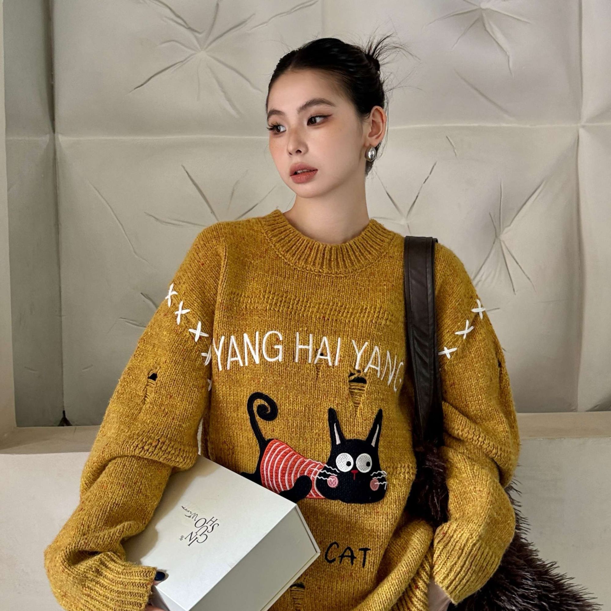 设计师品牌YANGHAIYANG 早春新款匍匐猫猫破洞毛衣