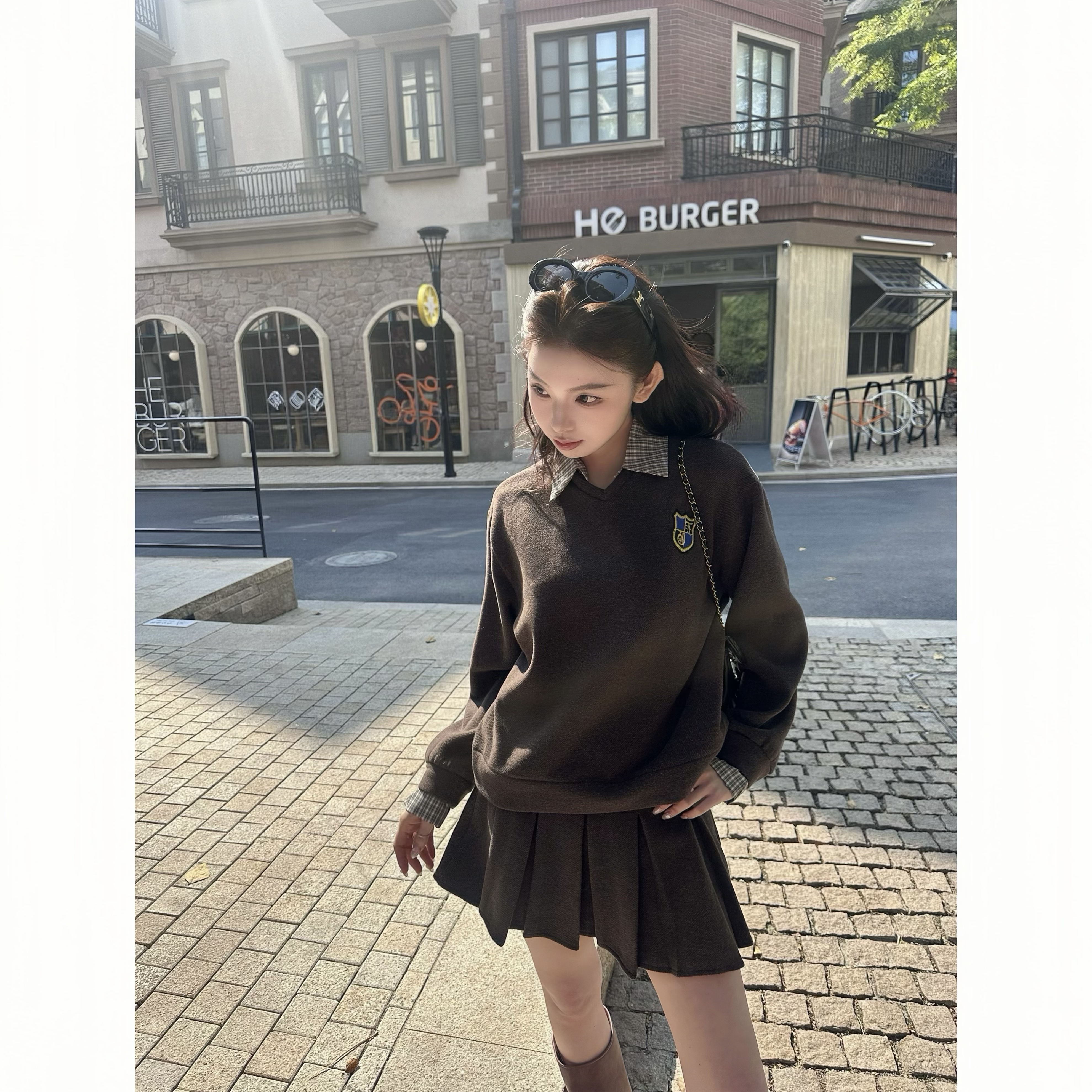 【冬装上新】冬季假两件拼色翻领针织秋冬纯色简约百搭显瘦女套装