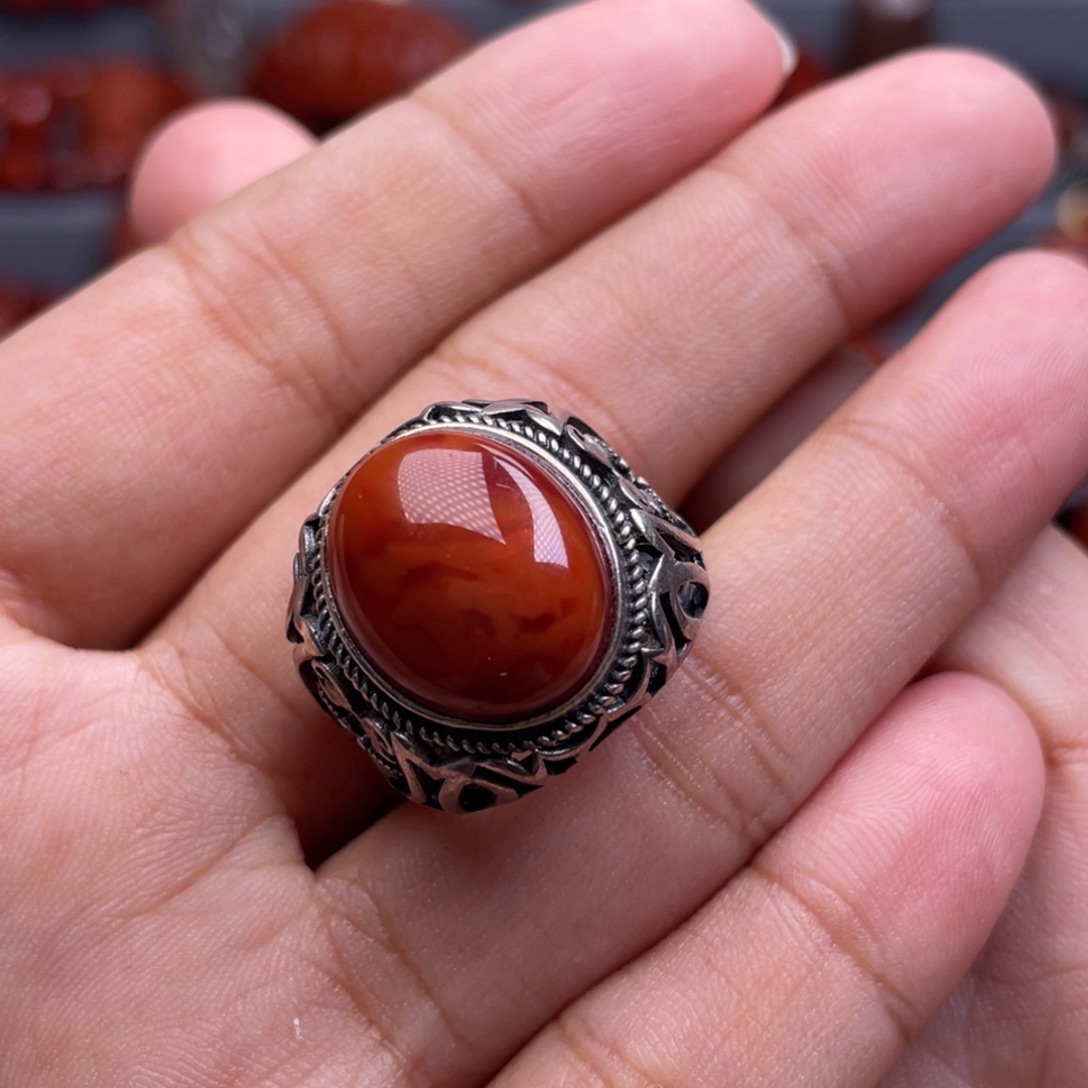 南红玛瑙银S925镶嵌珠宝奇石戒指