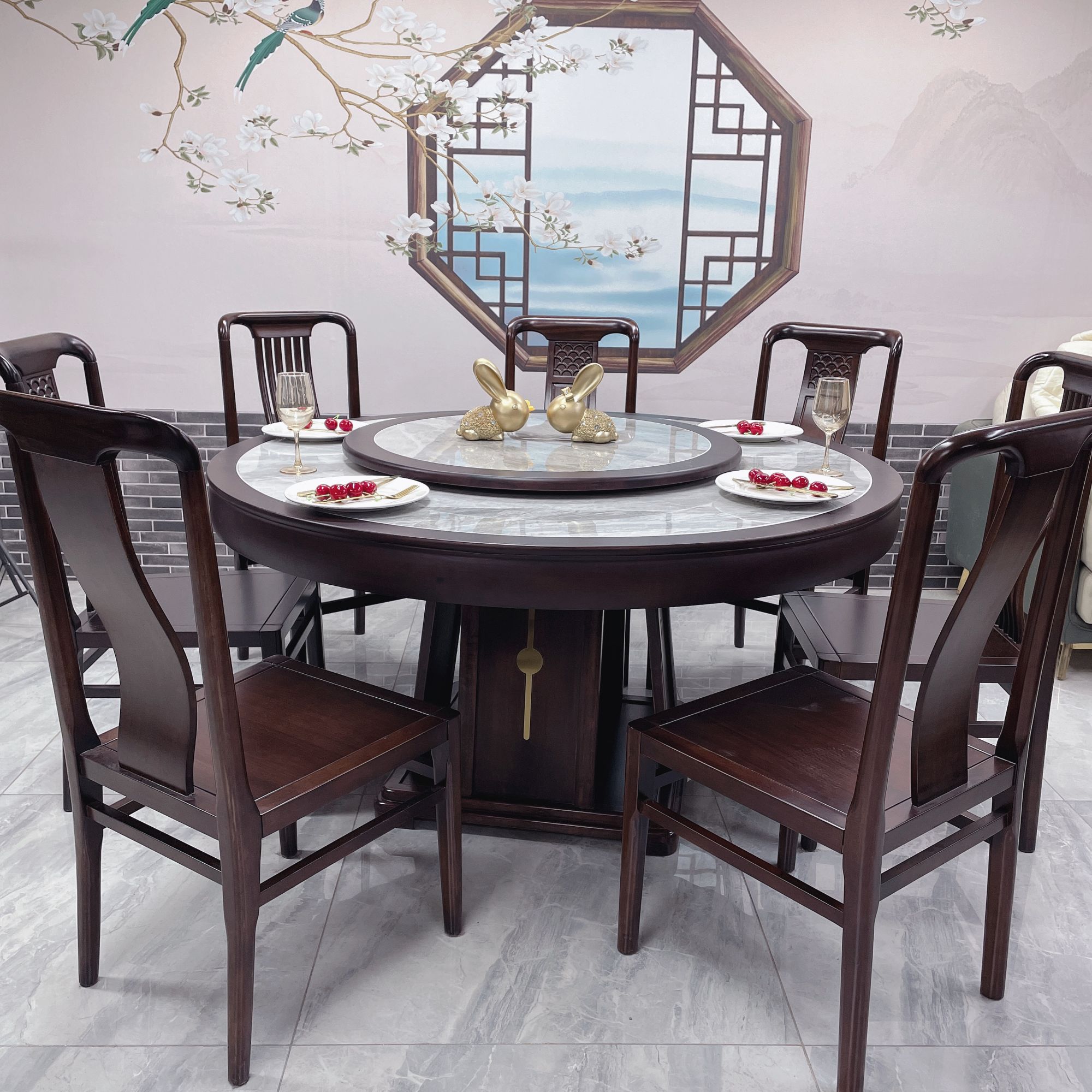 乌金木岩板圆桌实木餐桌