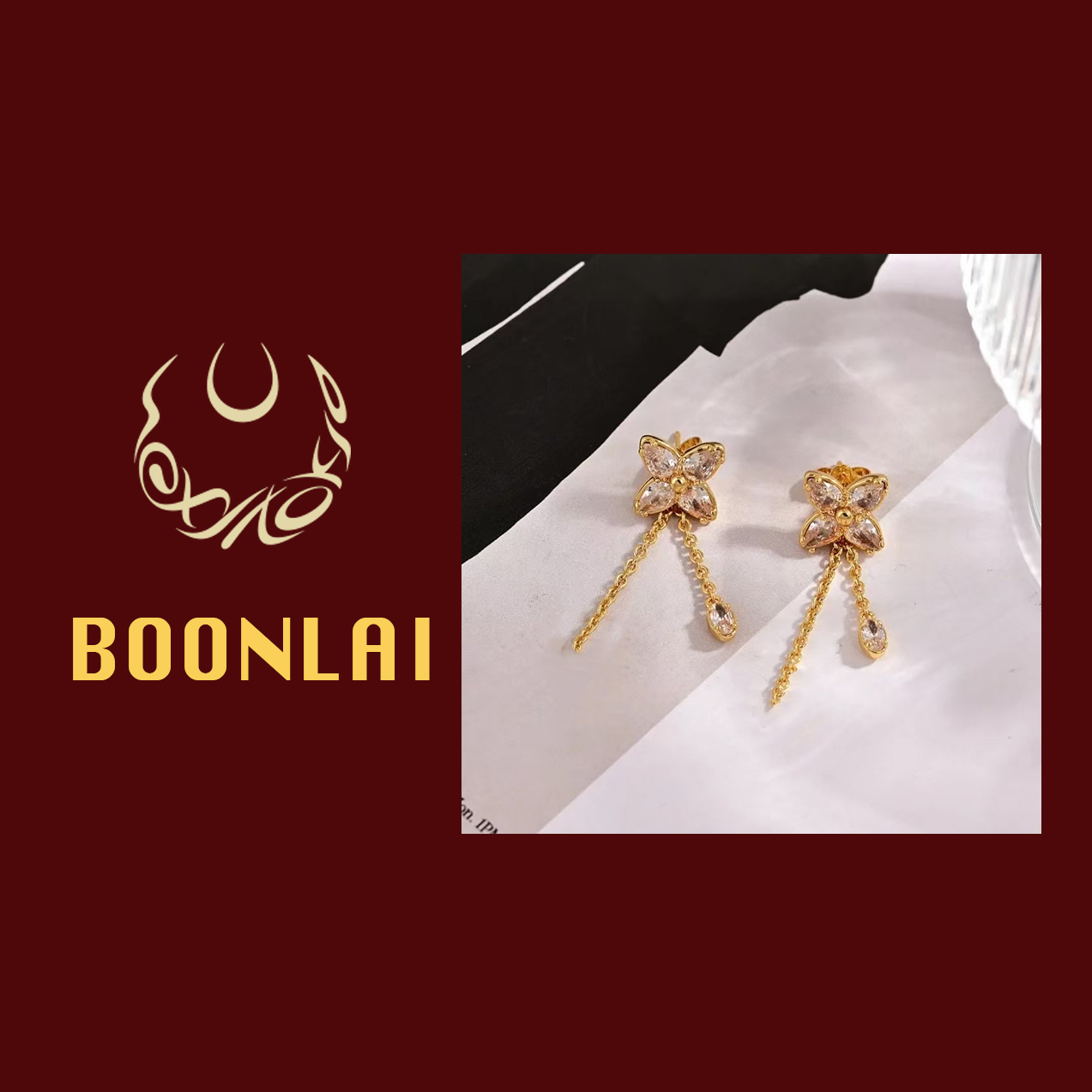 铜合金莫桑石耳饰  Boonlai  锆石十字花朵字母流苏耳环1755