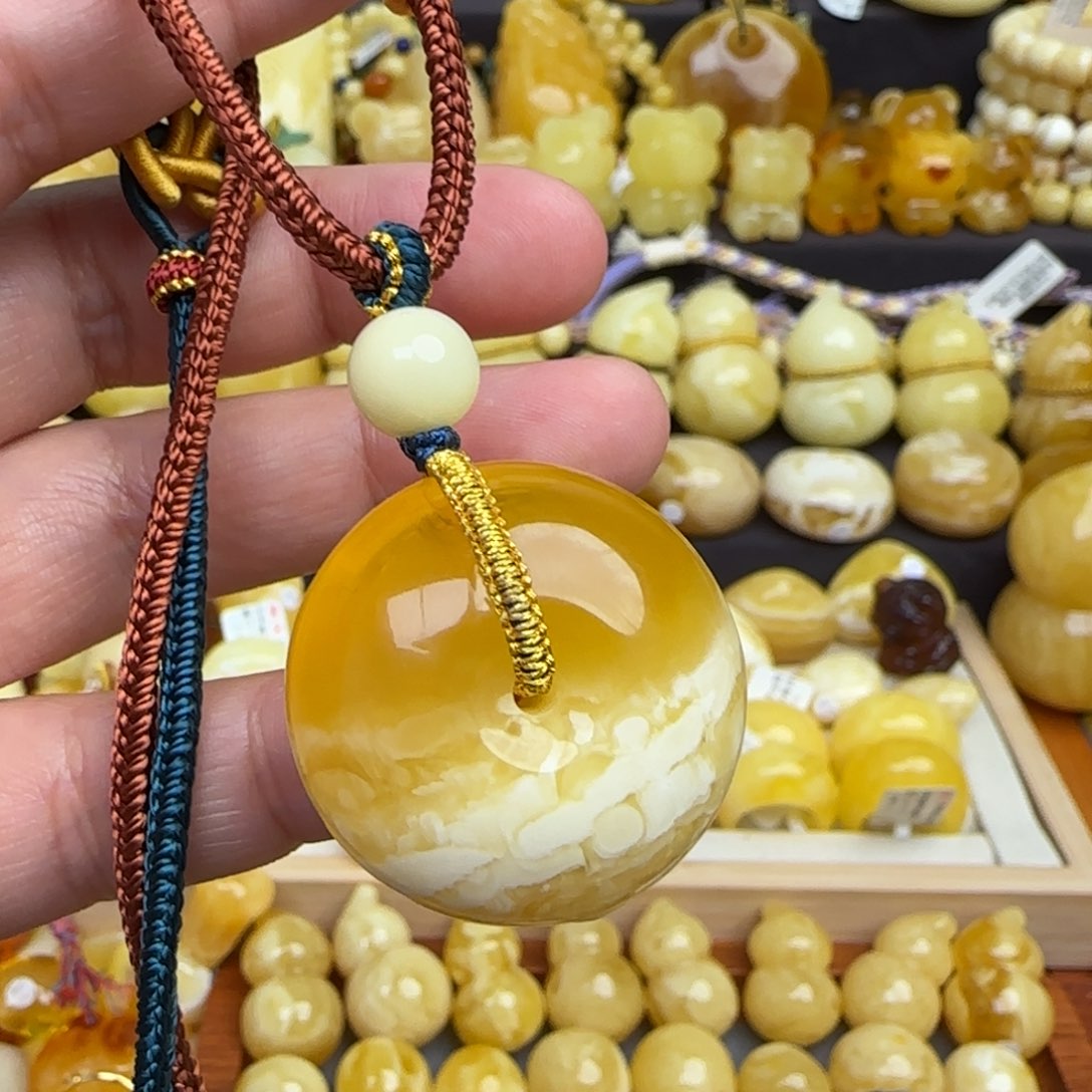 蜜蜡套链未镶嵌天然俄料金瓷白妖花蜜蜡平安扣吊坠