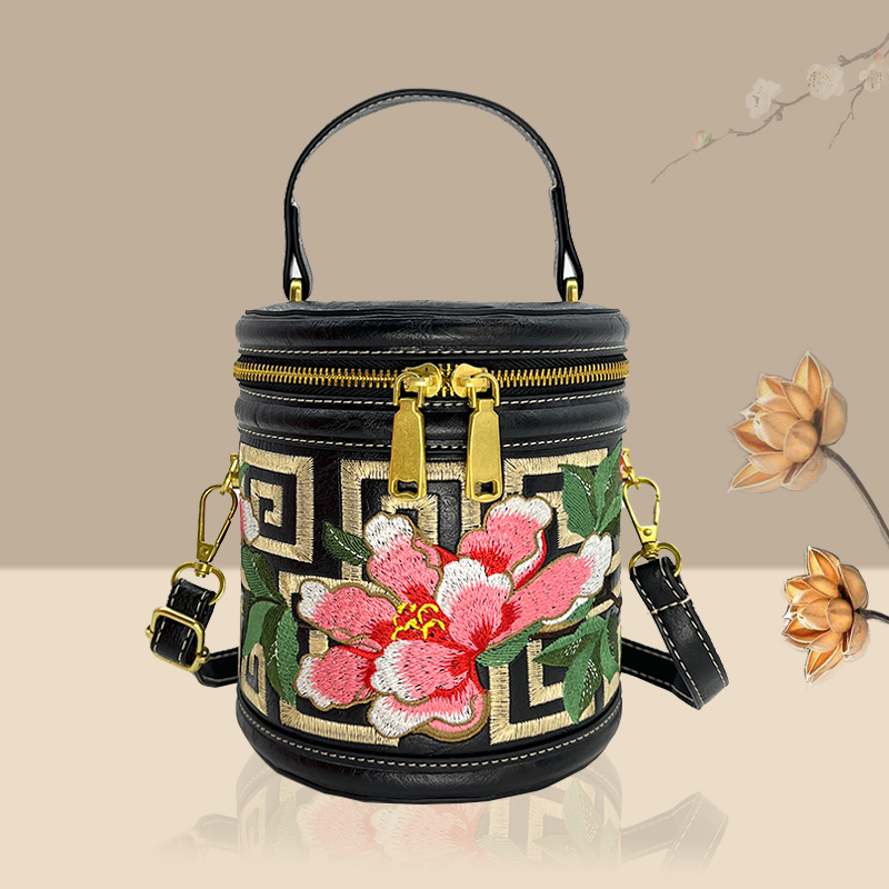 国风刺绣小圆筒手提女包新款复古单肩包大容量简约斜挎手机包1612