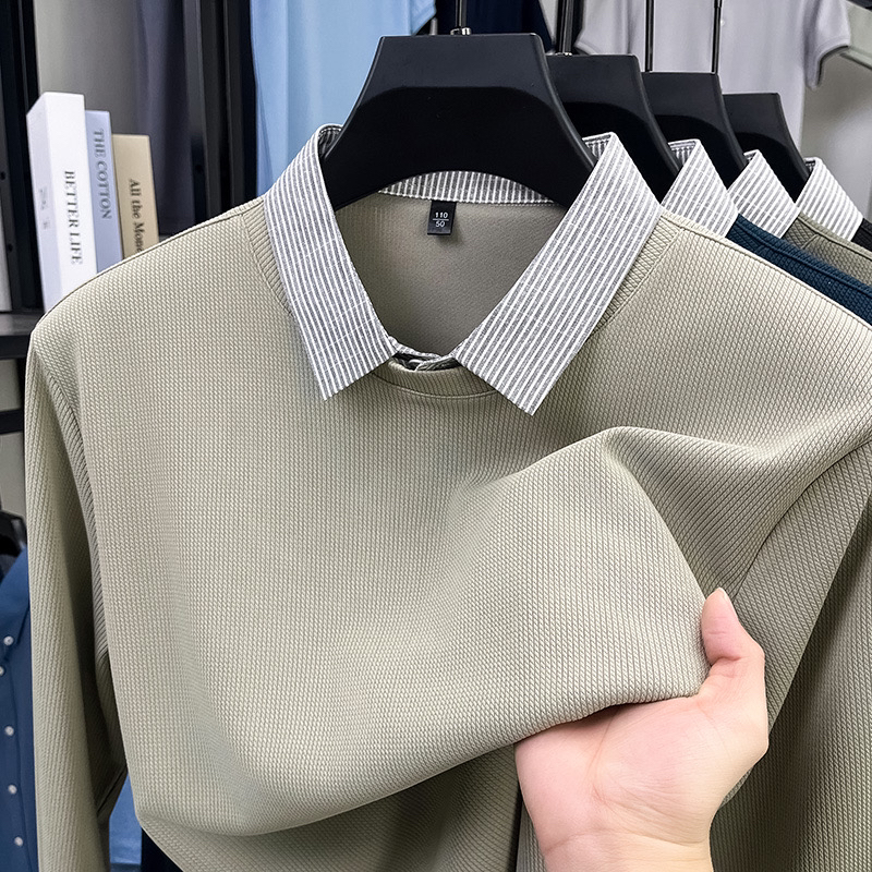 男士春季新款假两件长袖百搭翻领POLO衫商务休闲时尚条纹打底衫