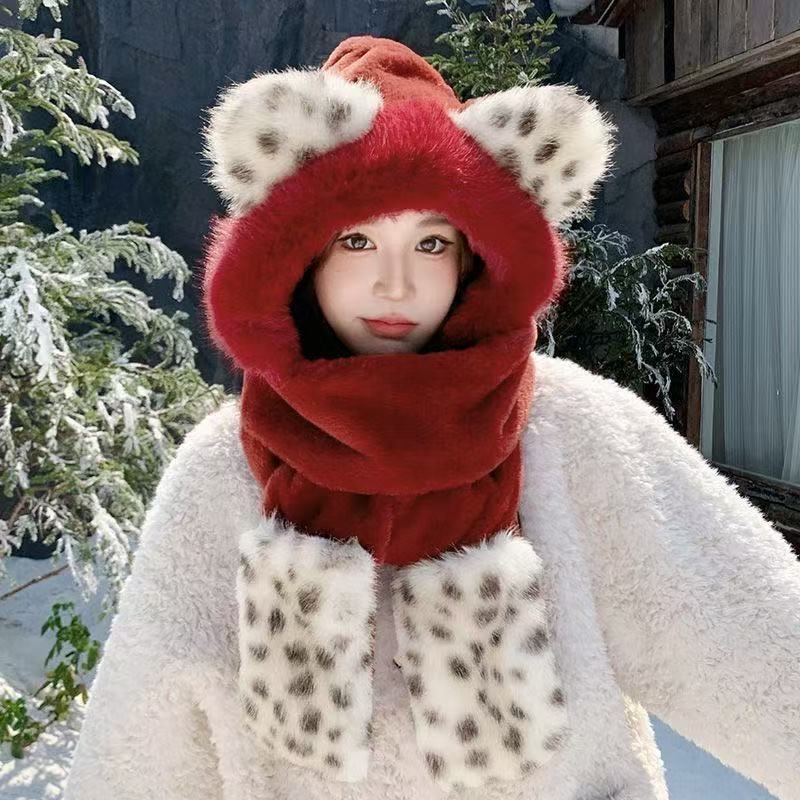 【百搭豹纹】冬季加绒保暖防寒帽子围巾手套一体毛绒加厚骑车三件套