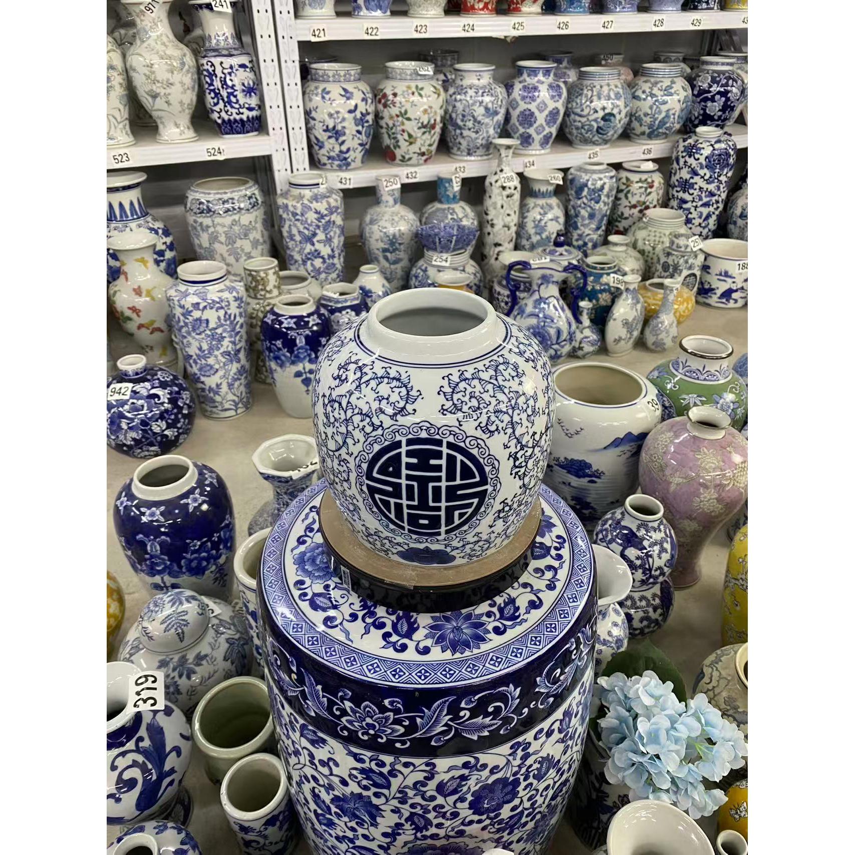 釉下彩青花瓷复古中式风格手绘双喜缠枝莲花瓶居家客厅玄关装饰