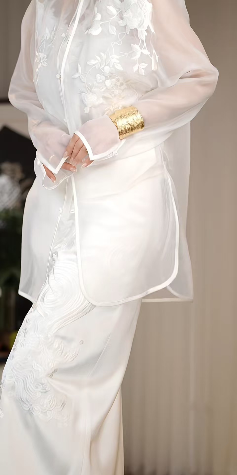 华裔陈总【春波媚】立领桑蚕丝欧根缎重工刺绣真丝外套SY2418