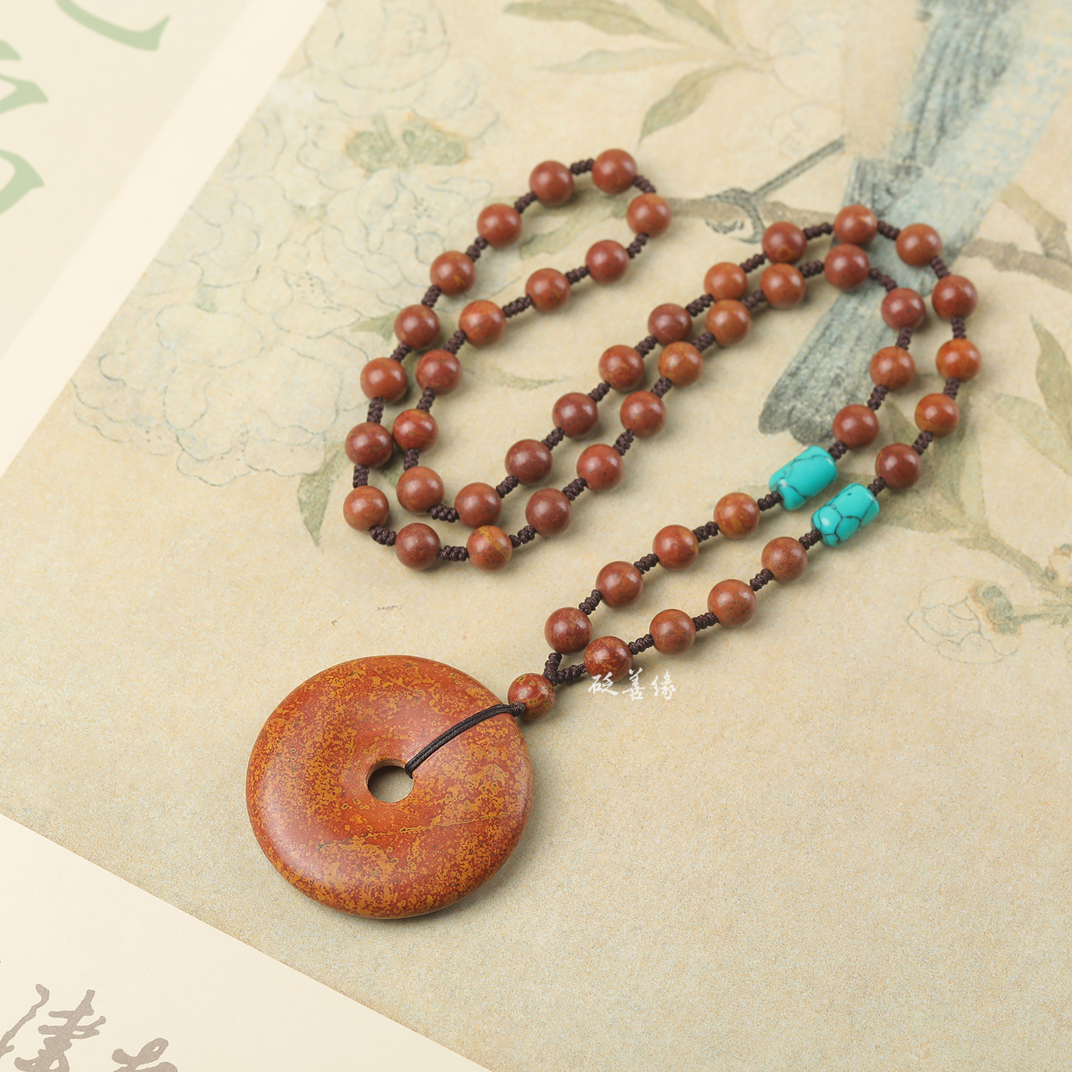 送妈妈老人礼物天然 泗滨 砭石平安扣项链 泗水砭石 平安扣绿珠链