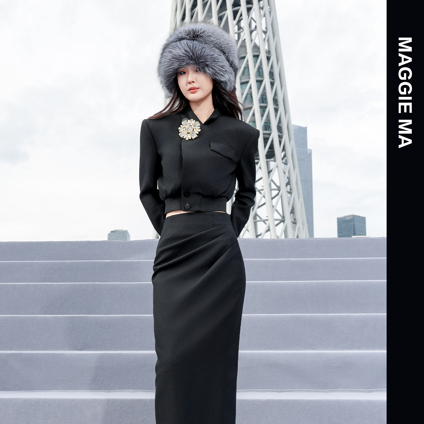 MAGGIE MA马婧设计师款黑色小立领内敛干练收腰套装裙595C/637B