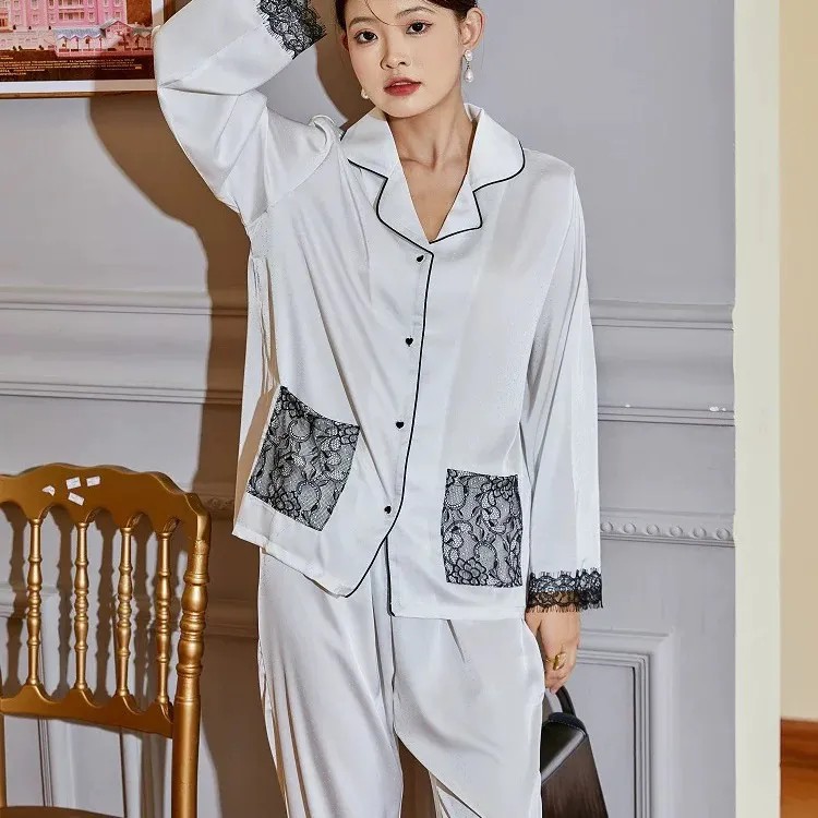 春夏冰丝国风花边舒适高级感长袖女睡衣套装可外穿家居服
